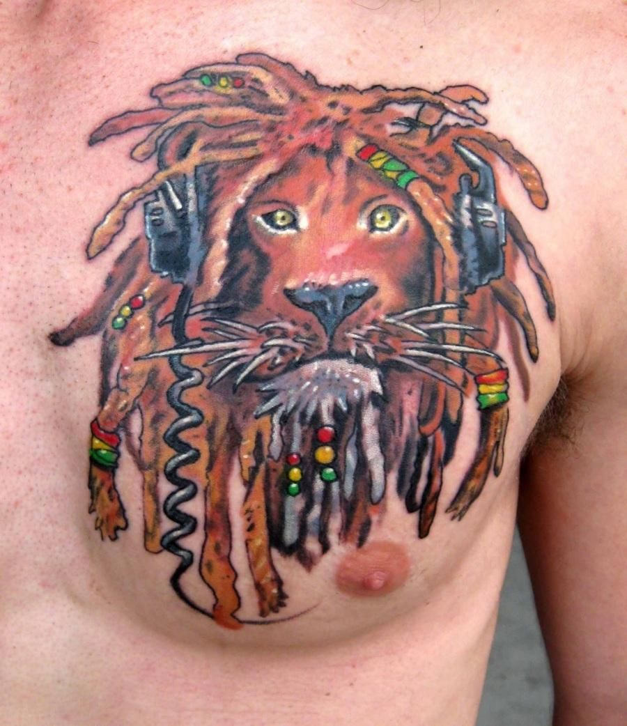 Colorful Chest Tattoos Alien Lion Color Ink Tattoo On Man Chest inside size 900 X 1042