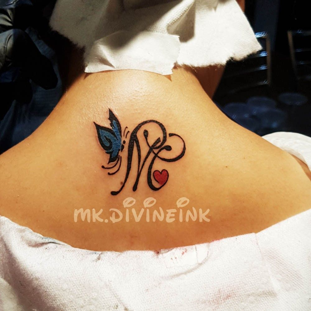 Colorful Customise M Initial Tattoo Design With Butterfly N Heart On intended for size 1000 X 1000