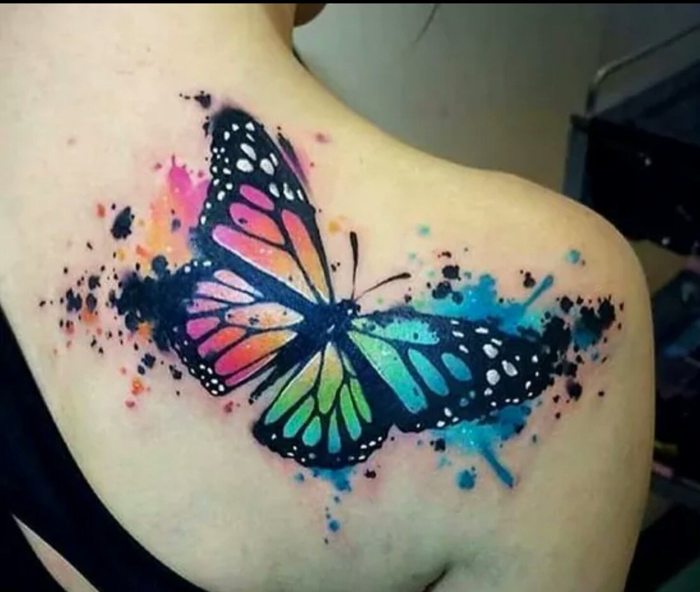 Colorful Water Color Butterfly Tattoo On Right Back Shoulder pertaining to measurements 1439 X 1217