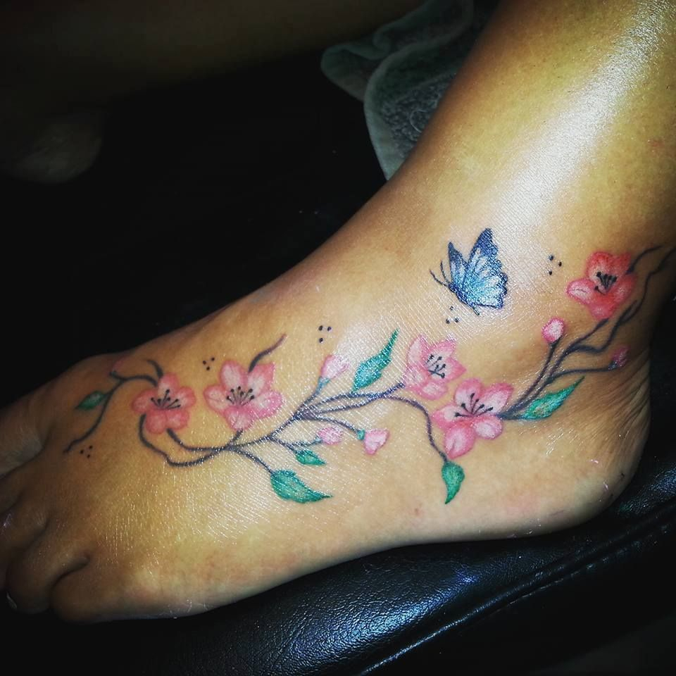 Colourful Girly Foot Tattoo Butterflies Flowers And Vines Colour for proportions 960 X 960