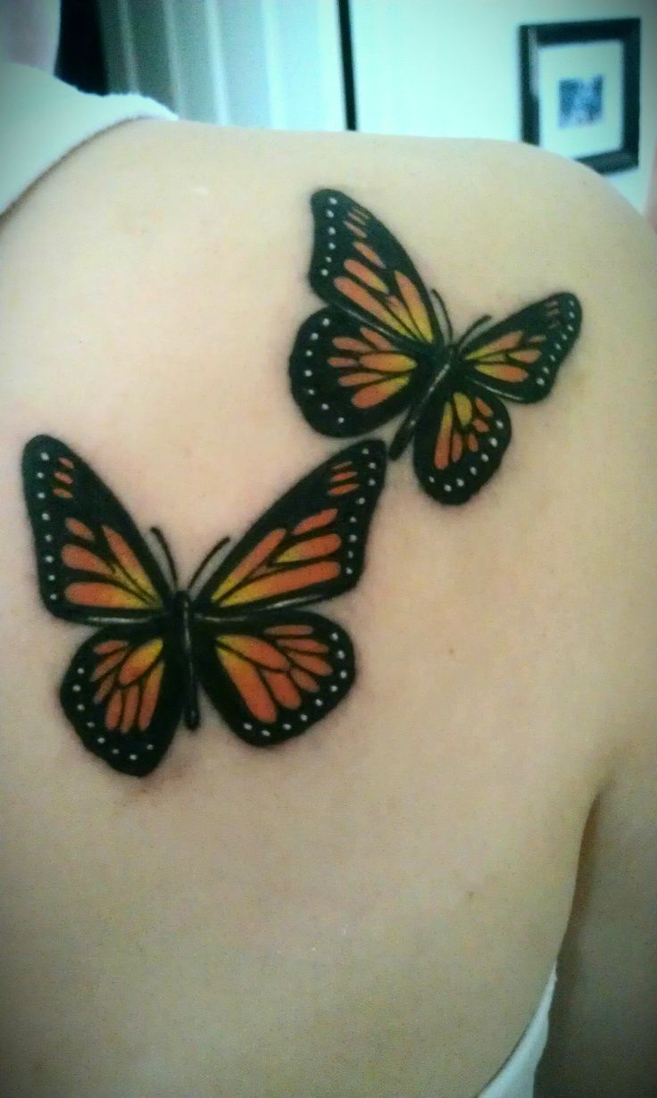 Cool Two Monarch Butterflies Tattoo On Right Back Shoulder Tattoos with measurements 736 X 1230