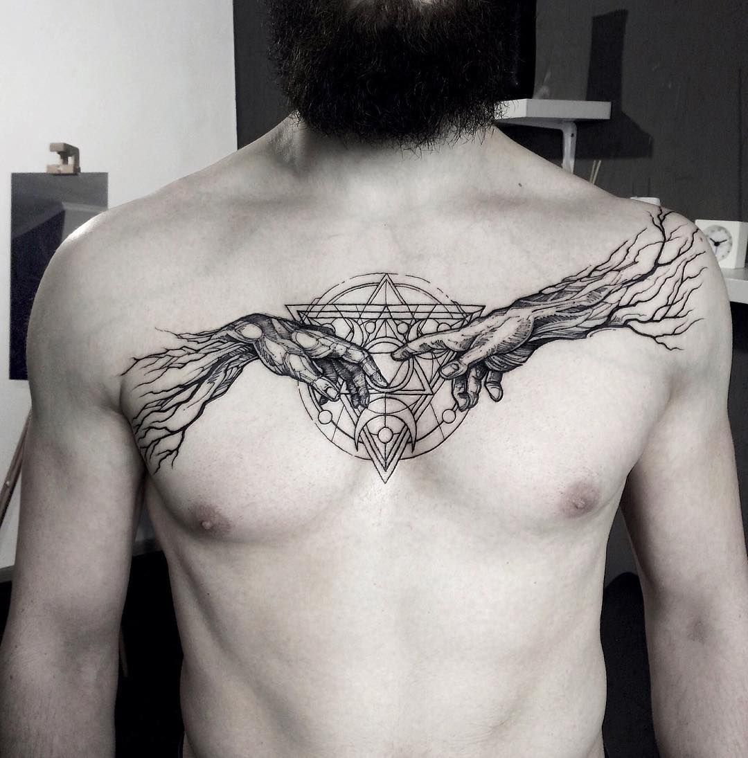 Creation Of Adam Hand Symbol Chest Tattoo Tattoo For Man throughout proportions 1080 X 1095