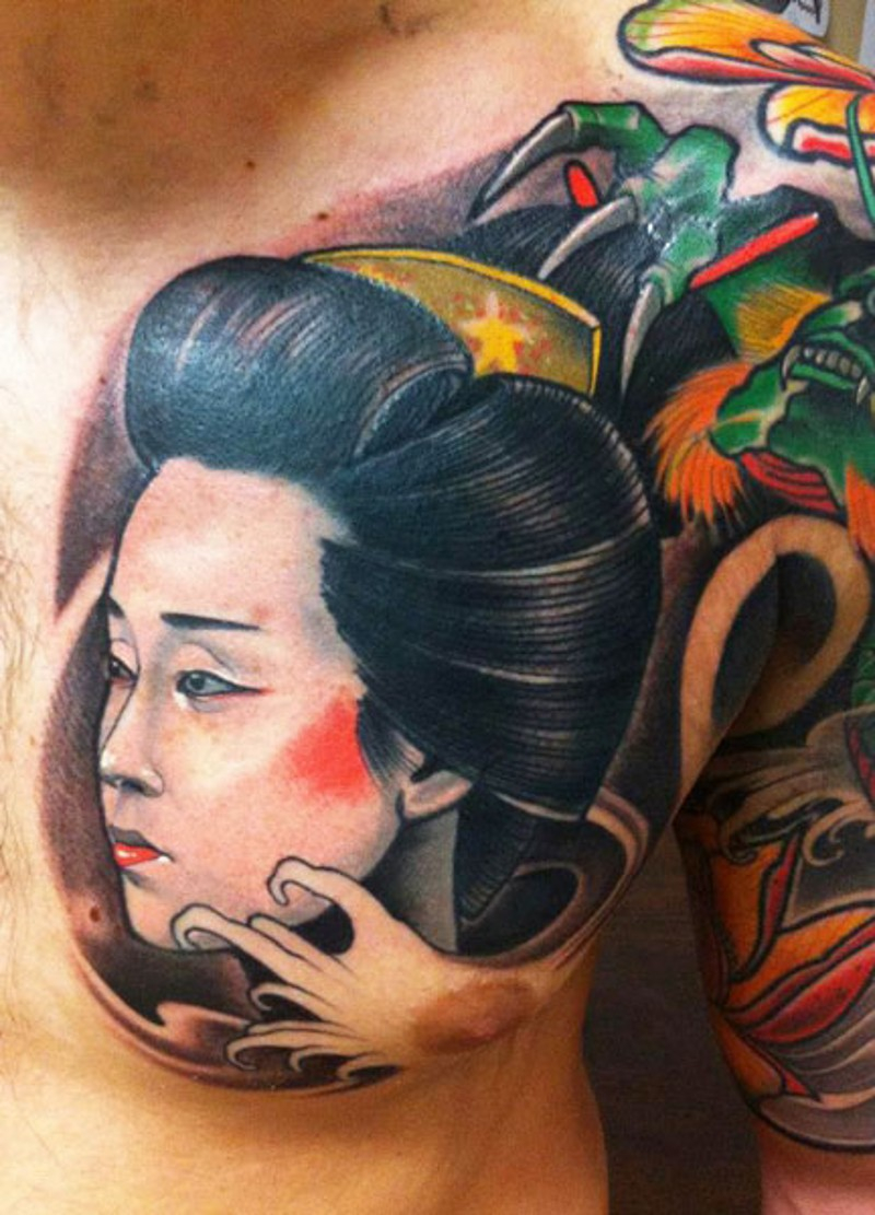 Cute Colored Chest Tattoo Of Asian Geisha Portrait Tattooimagesbiz throughout sizing 800 X 1111