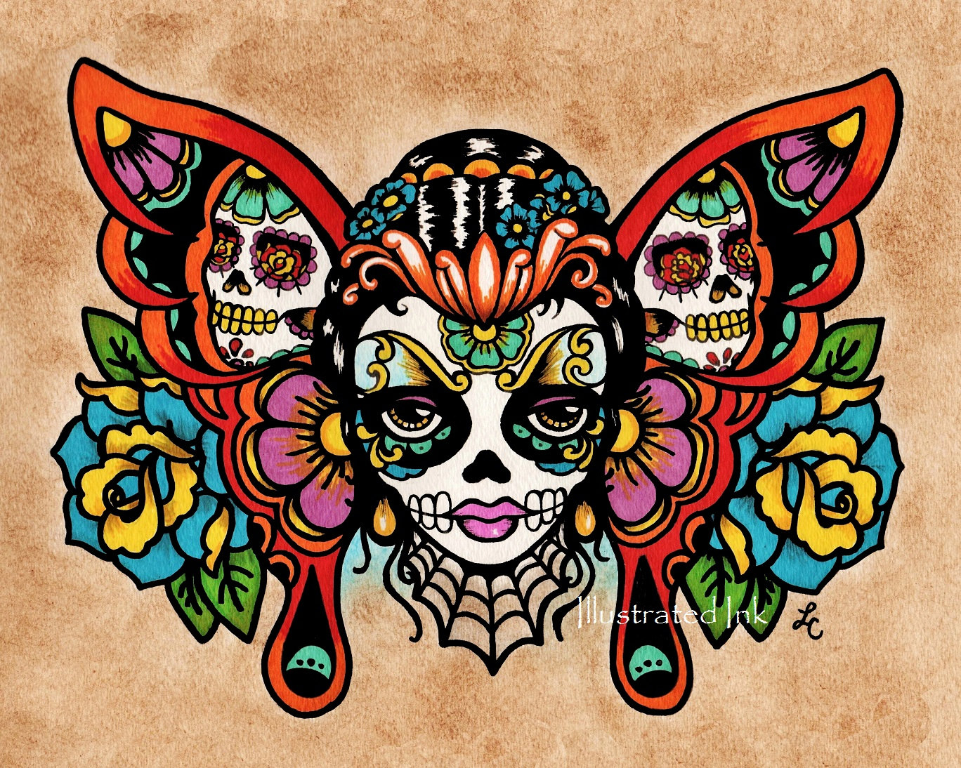 Day Of The Dead Sugar Skull Butterfly Old School Tattoo Art Etsy inside proportions 1368 X 1094