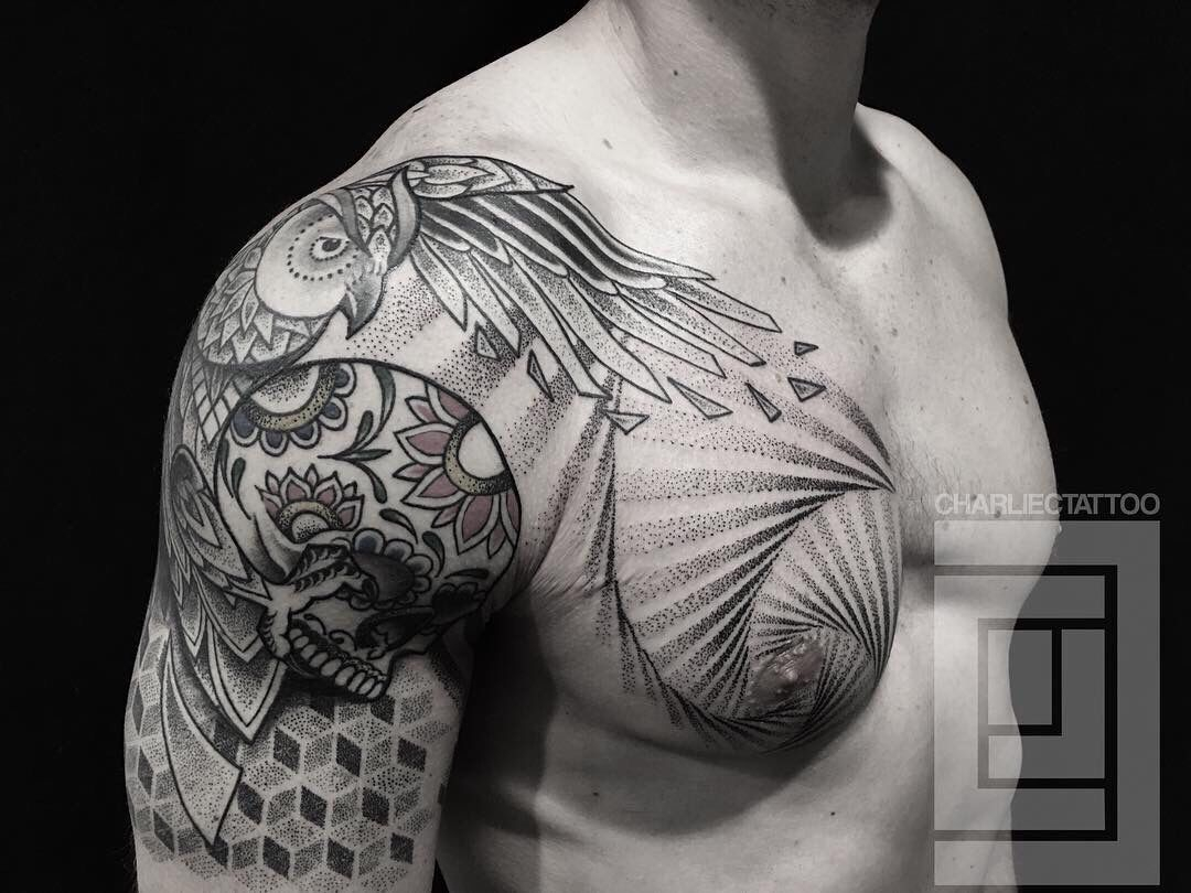 Dotwork Shoulder And Chest Tattoo Charlie Cung Guru Tattoo San inside measurements 1080 X 810