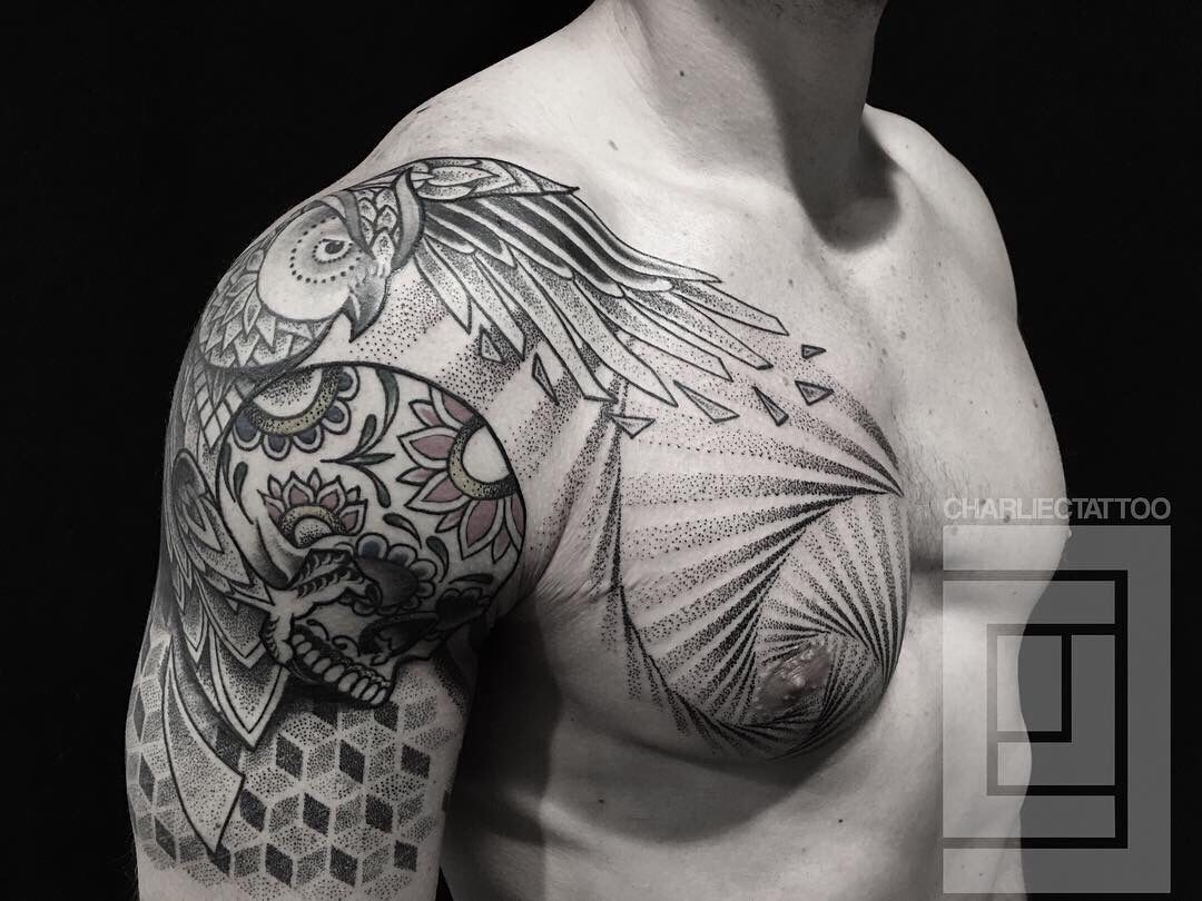 Dotwork Shoulder And Chest Tattoo Charlie Cung Guru Tattoo San with size 1080 X 810