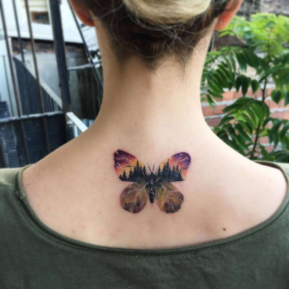 Double Exposure Butterfly Tattoo On The Upper Back inside proportions 1000 X 1000