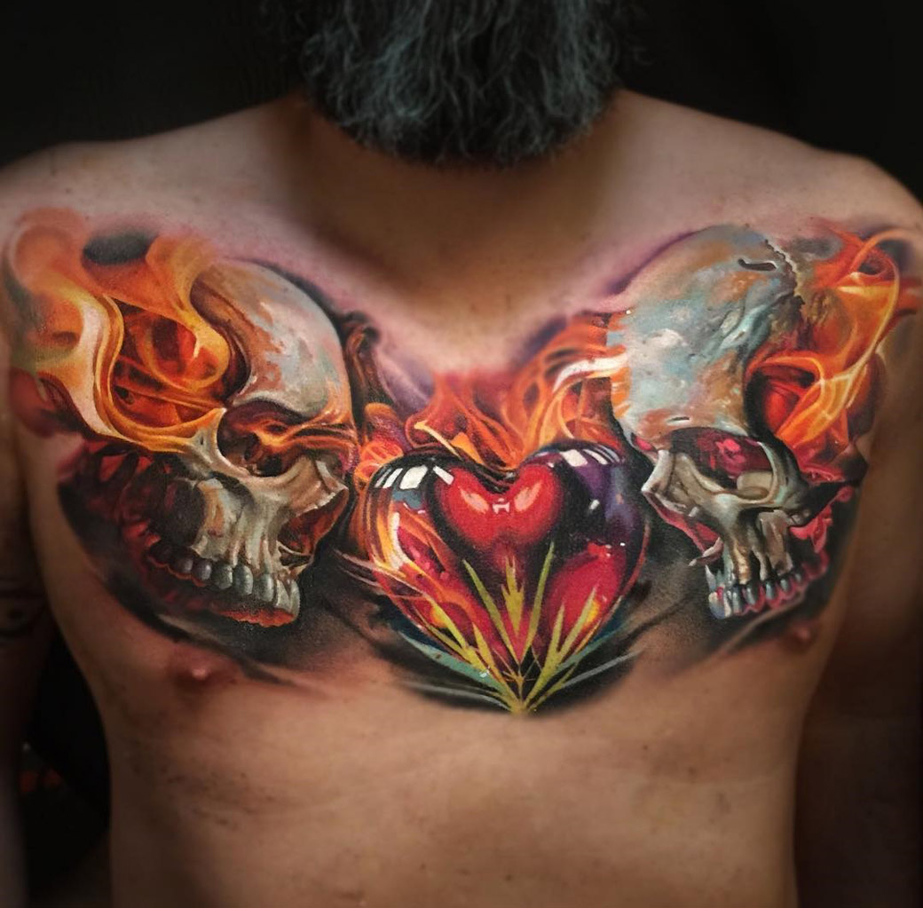 Double Flaming Skulls Heart Mens Chest Tattoo Best Tattoo regarding sizing 1040 X 1023
