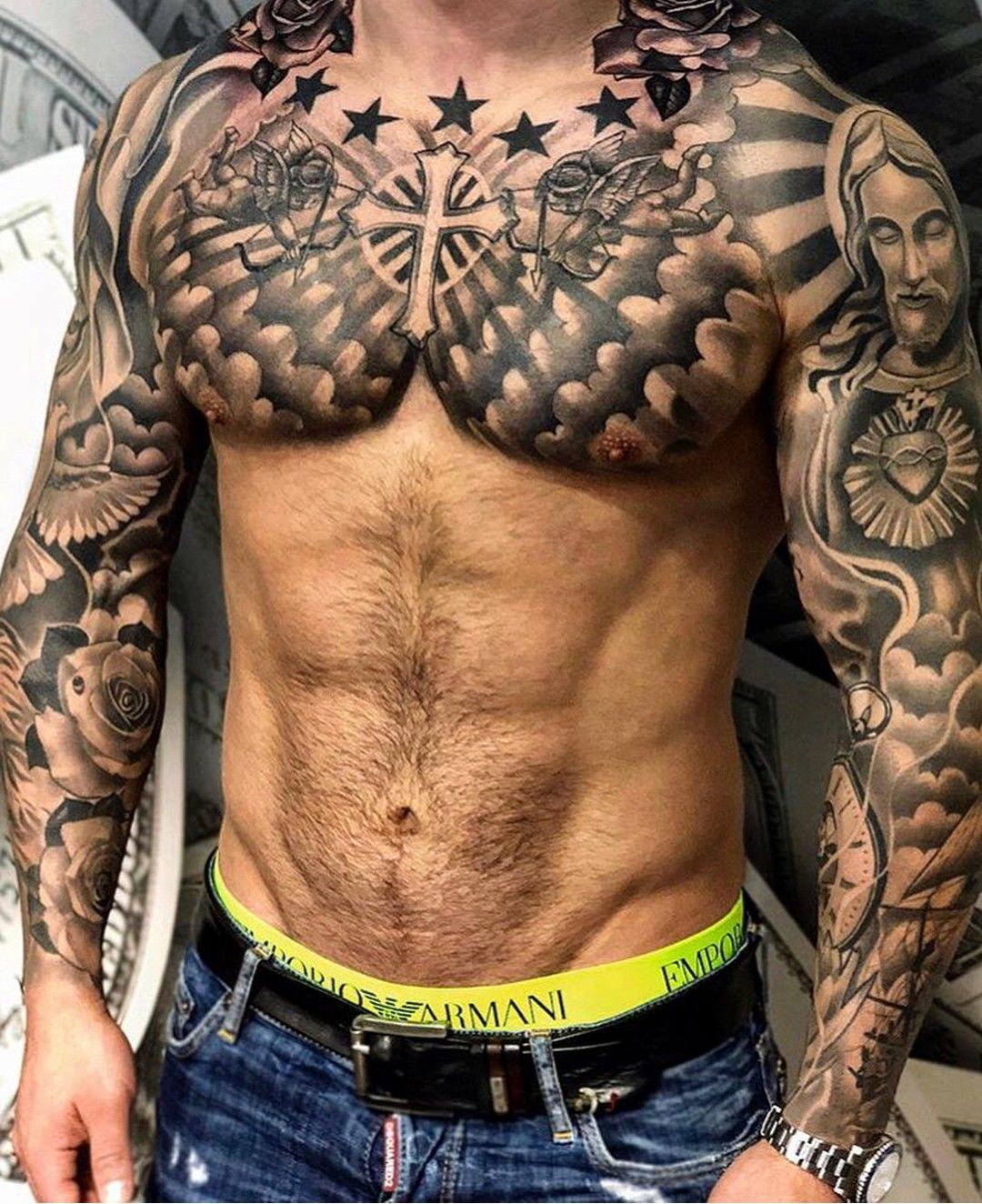 Double Sleeve And Upper Chest Tattoos Cool Chest Tattoos for measurements 1080 X 1324