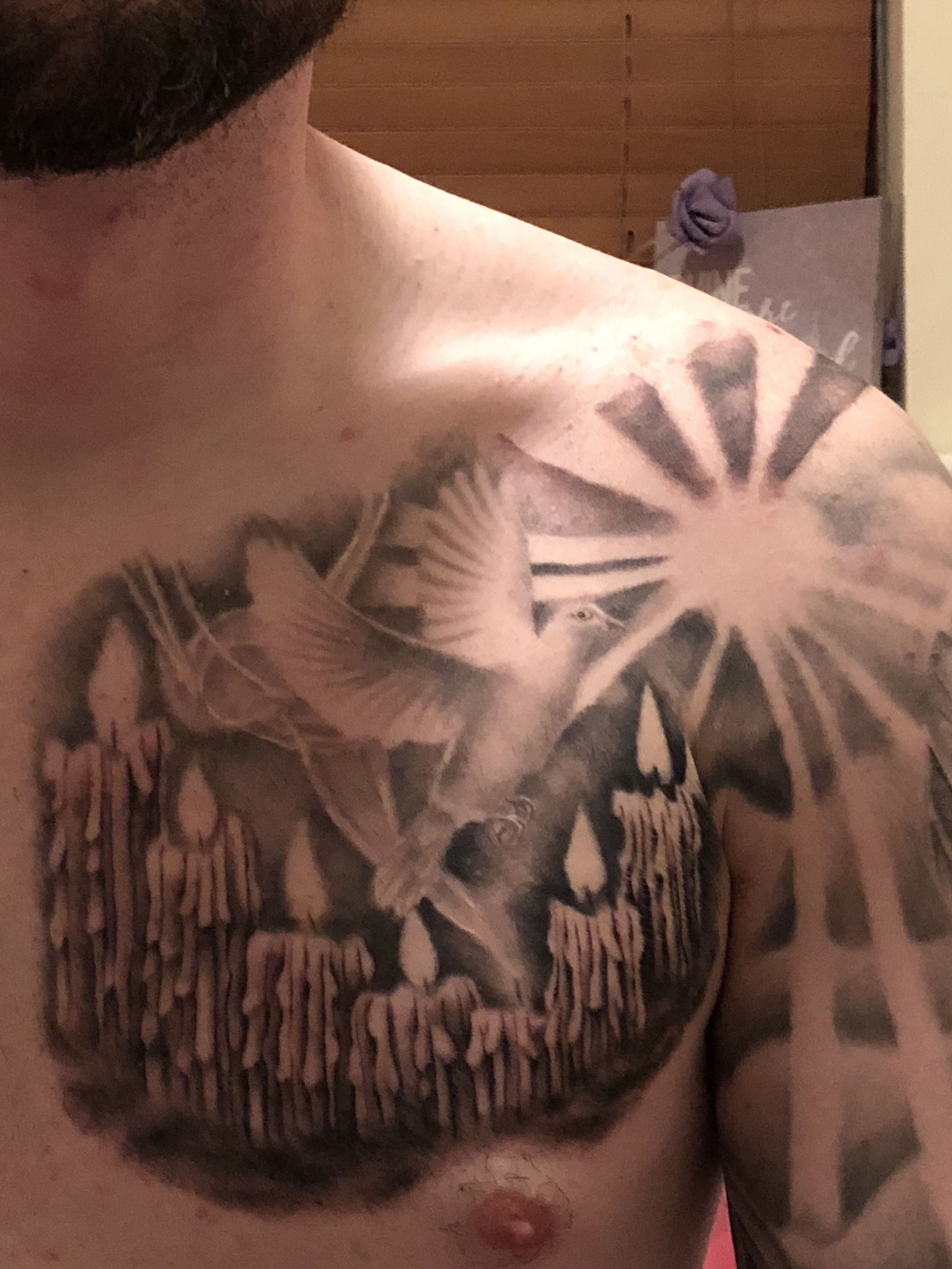 Dove And Candles To Chest Tattoo Into Full Sleeve Tattoos Chest regarding measurements 3024 X 4032