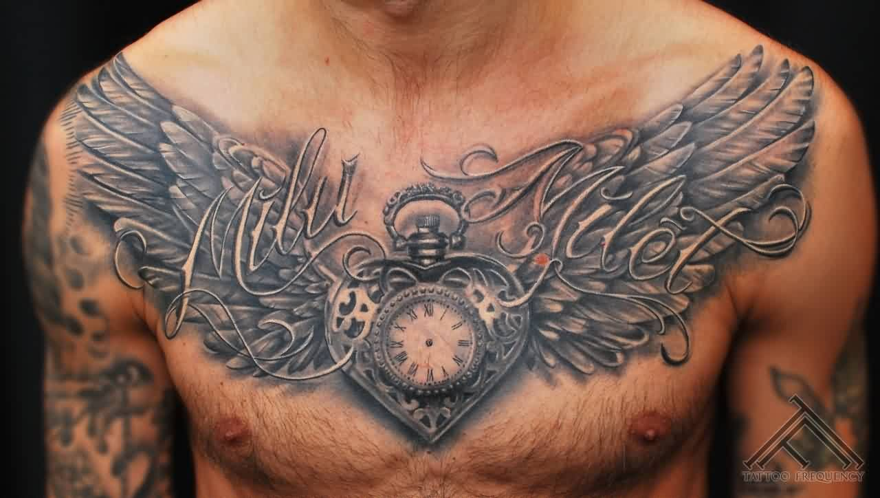 Download Free Clock Heart With Wings Tattoo On Chest Tattoobite throughout proportions 1280 X 724