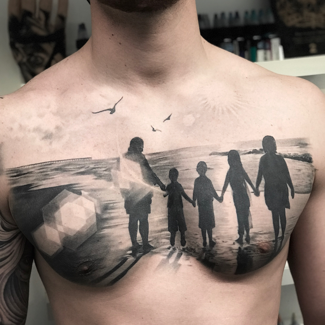 Family At The Beach Mens Chest Piece Best Tattoo Design Ideas pertaining to measurements 1080 X 1080
