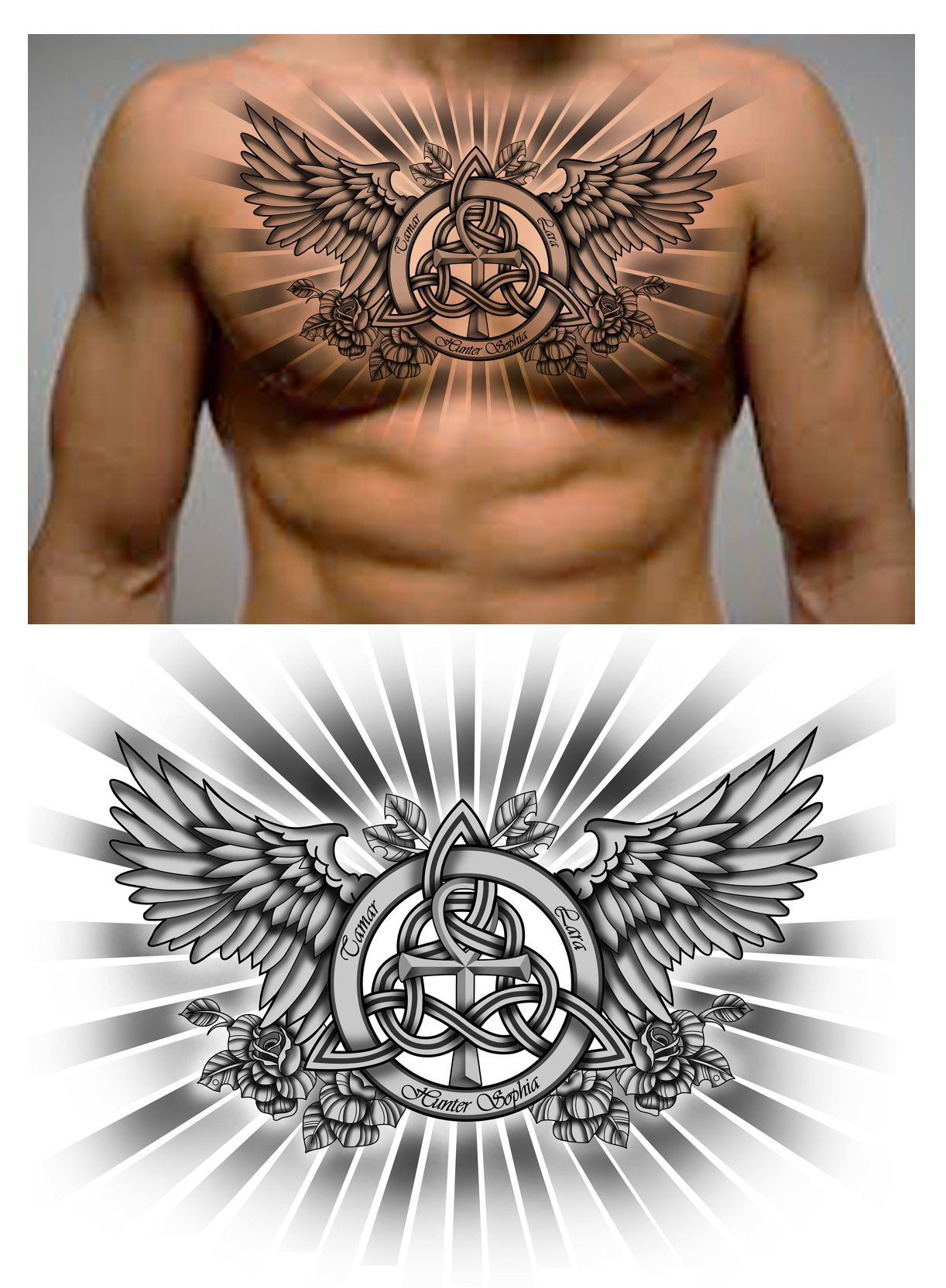 Family Trinity Knot With Names And Ankh Symbol In It Chest Piece for proportions 1222 X 1665