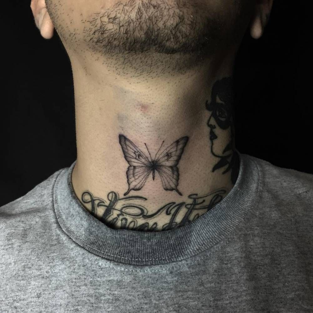 Fine Line Butterfly Tattoo On The Front Of The Neck Neck Tattoos regarding sizing 1000 X 1000