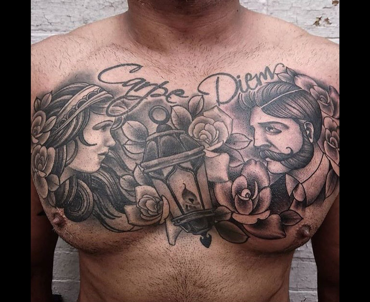 Flaming Gun Tattoo On Twitter Dougs Carpe Diem Chest Piece pertaining to sizing 1200 X 982