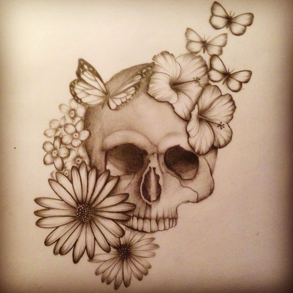 Flowers And Butterflies With Skull Tattoo Design inside sizing 1200 X 1200