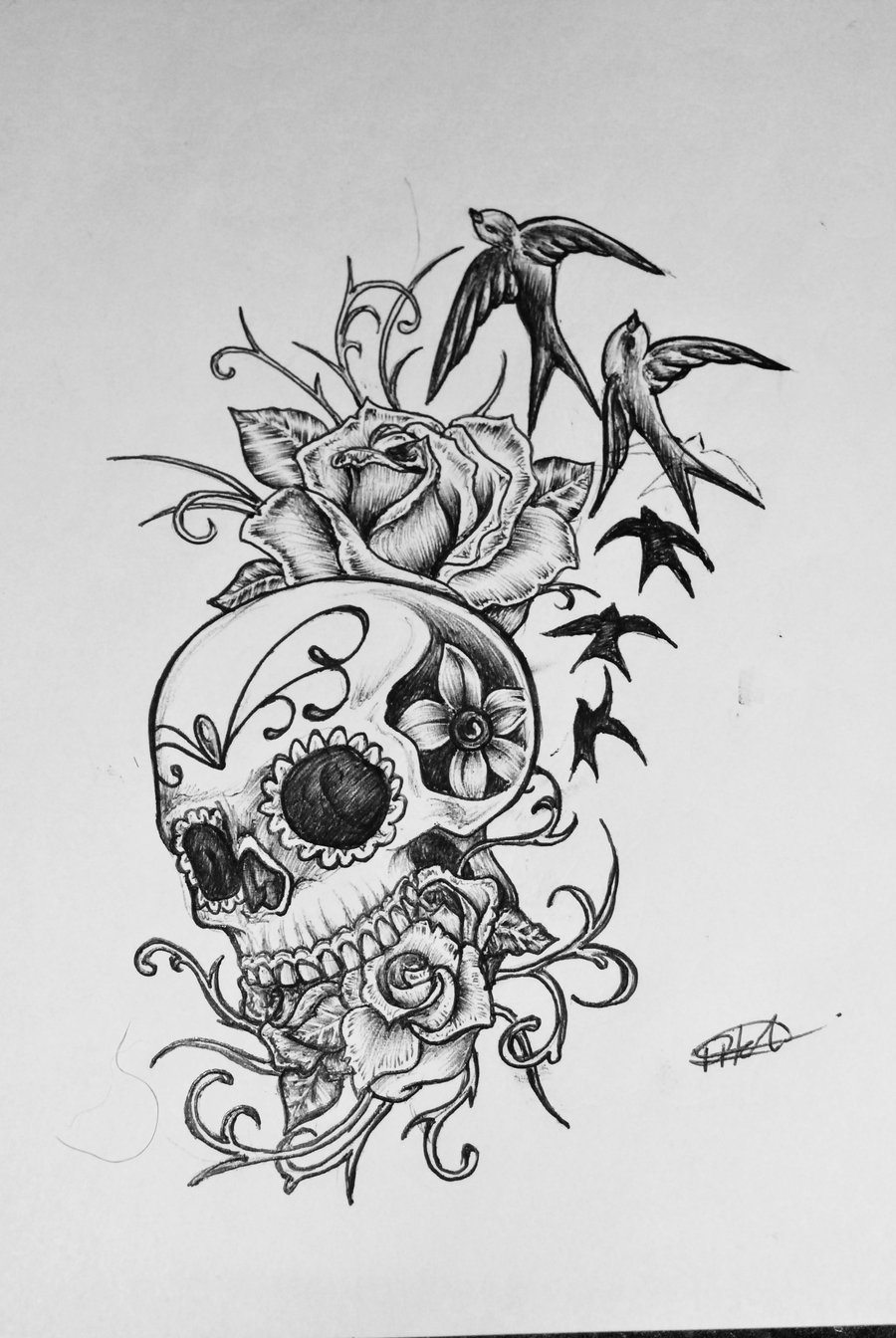 Flying Birds And Sugar Skull Tattoo Design for measurements 900 X 1344