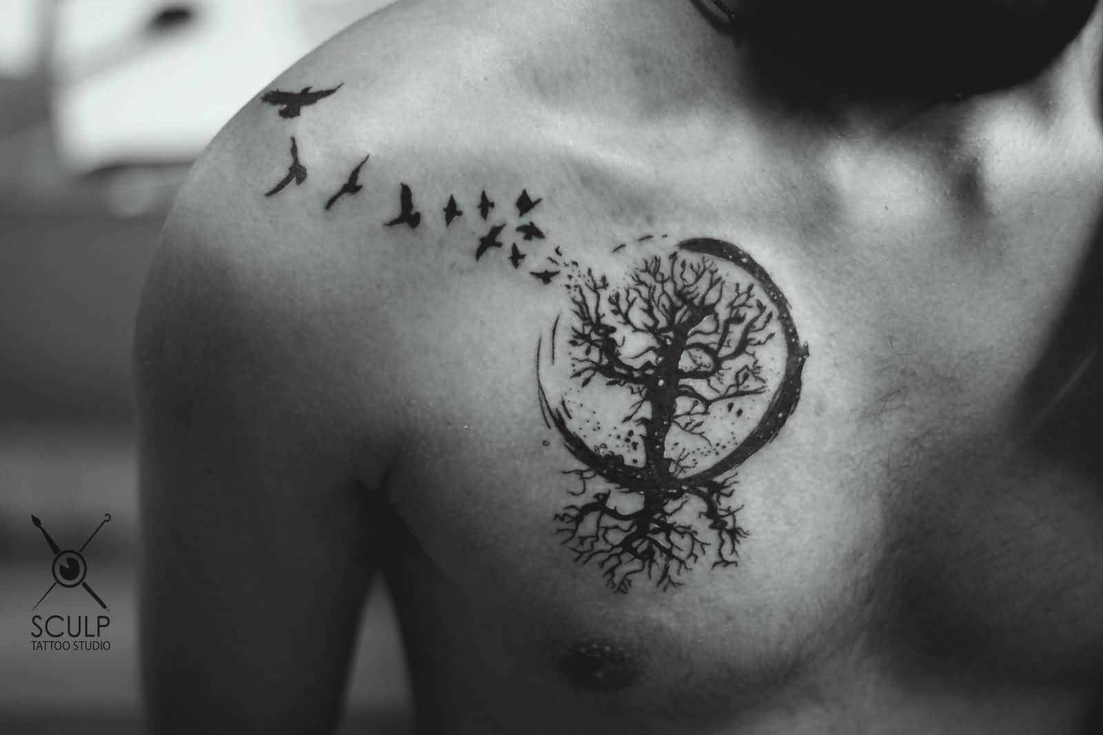 Flying Birds With Nice Tree Of Life Tattoo On Men Chest Golfian throughout dimensions 1600 X 1066