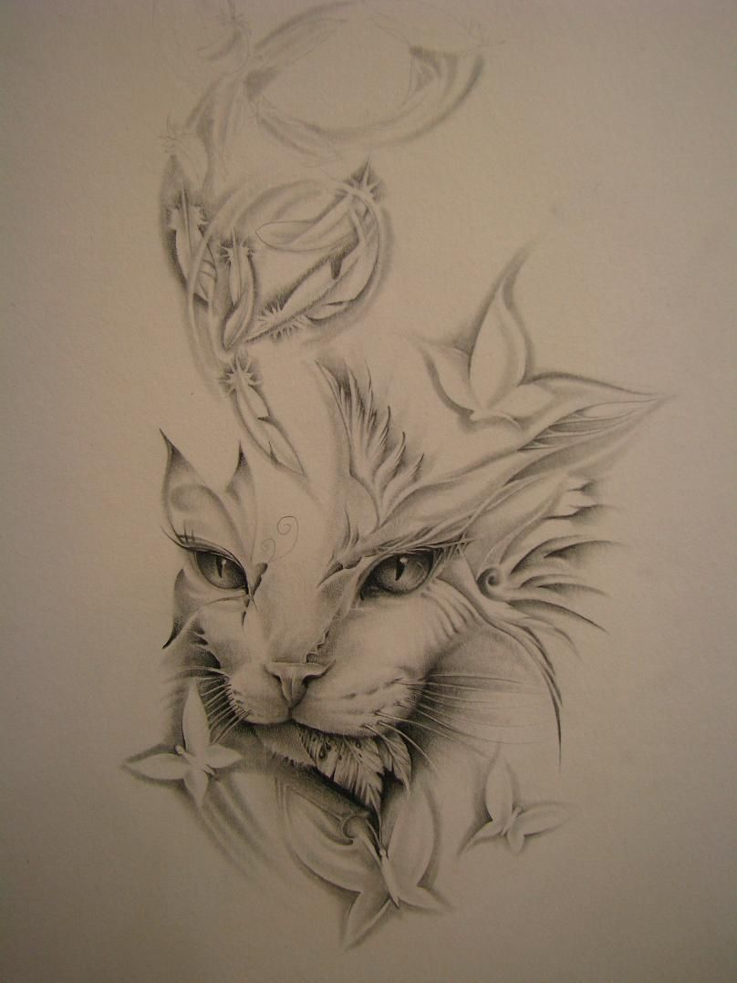 Flying Butterflies And Cat Head Tattoo Design Tattoos Cat Tattoo with proportions 808 X 1078