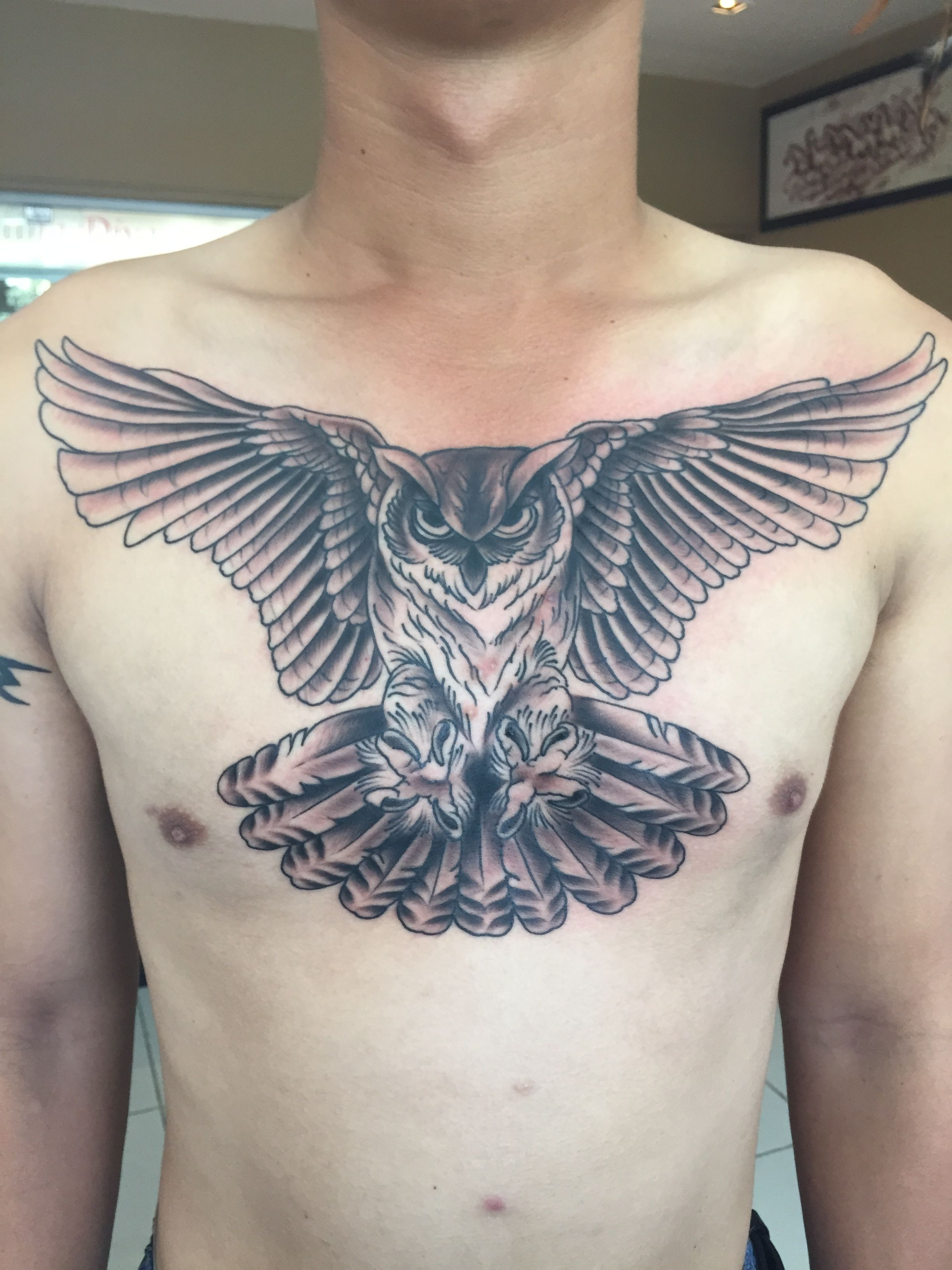 Full Chest Piece Black And Grey Owl Tattoofor Further Inquiries within size 2448 X 3264