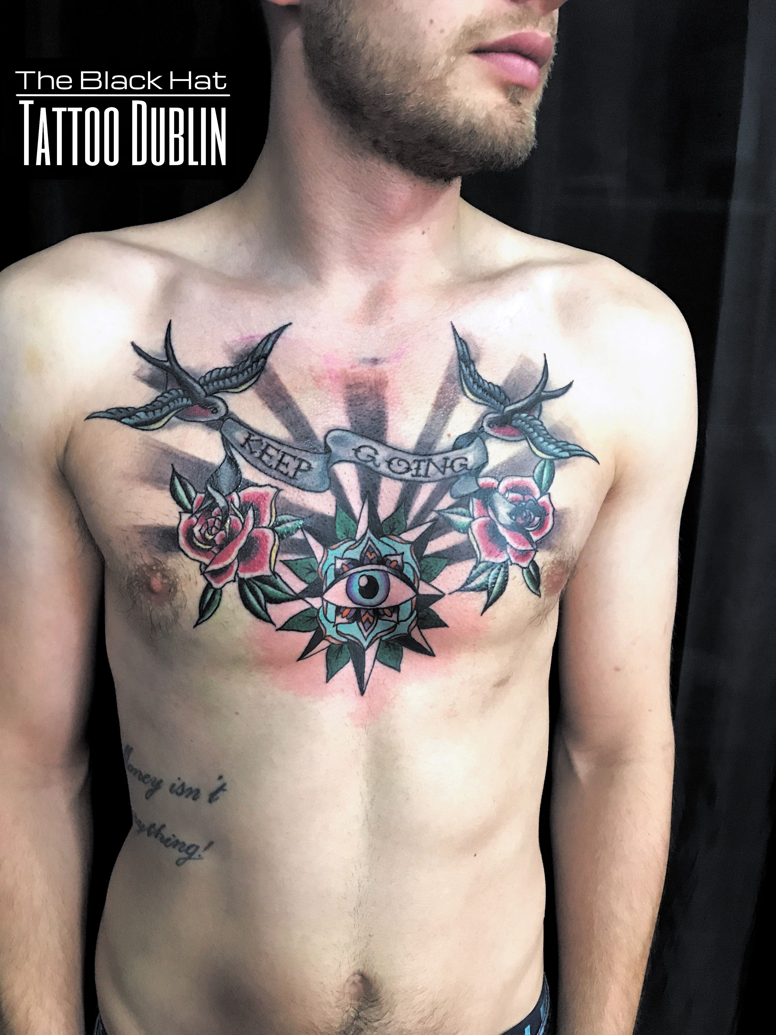 Full Chest Tattoo Swallow Roses And Eye Perfect Old School Tattoo for sizing 3000 X 4000