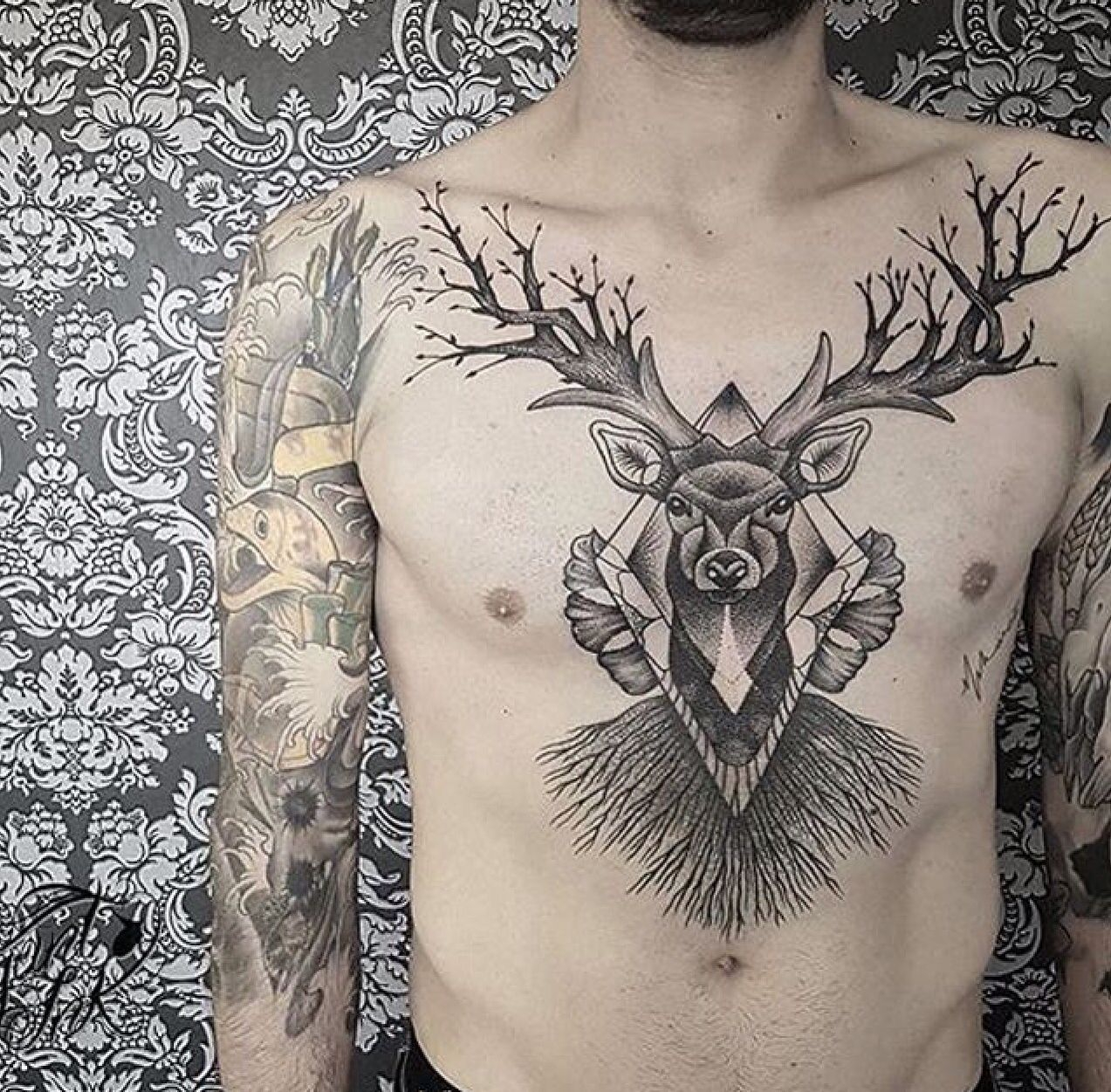 Full Stag Chest Piece Tattoos Tattoos Stag Tattoo Chest Tattoo for measurements 1273 X 1251