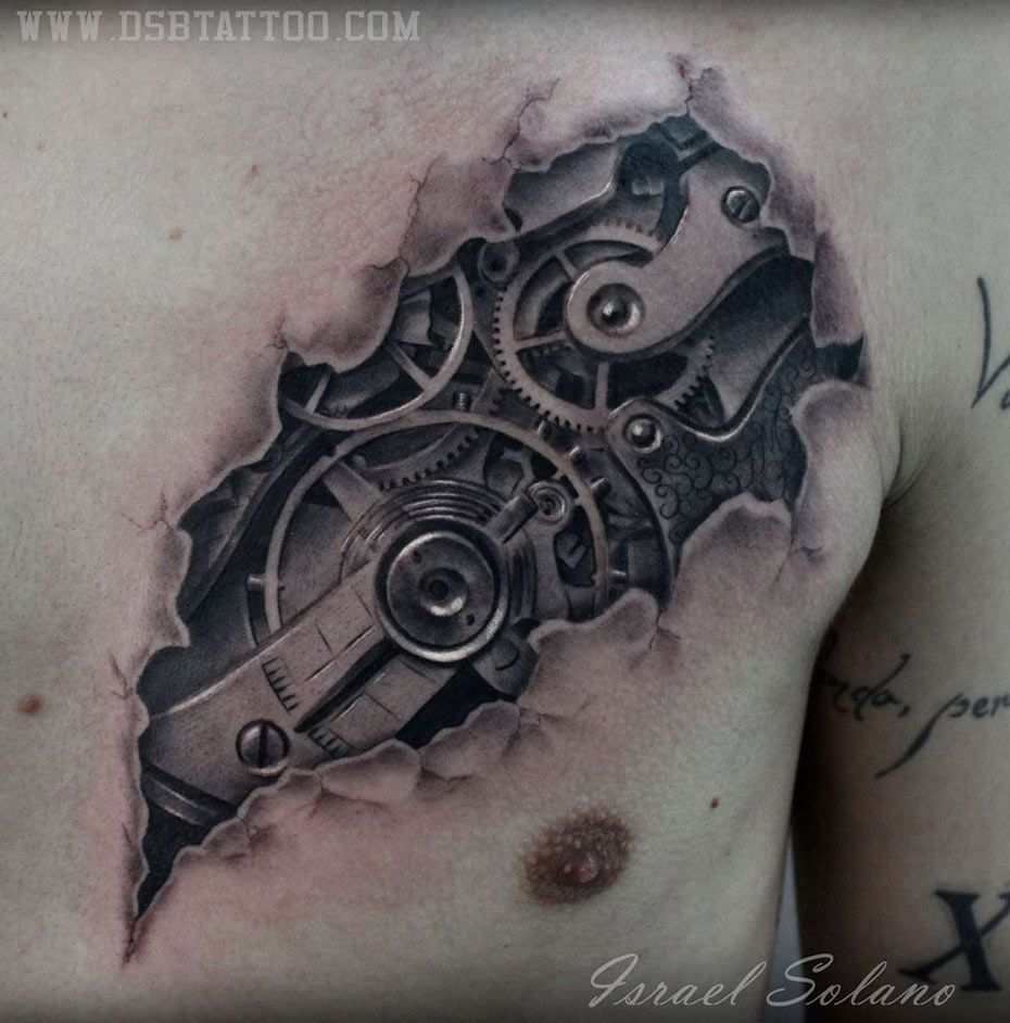 Gears Chest Tattoo Tattoos Biomechanical Tattoo Cool Chest regarding measurements 930 X 942