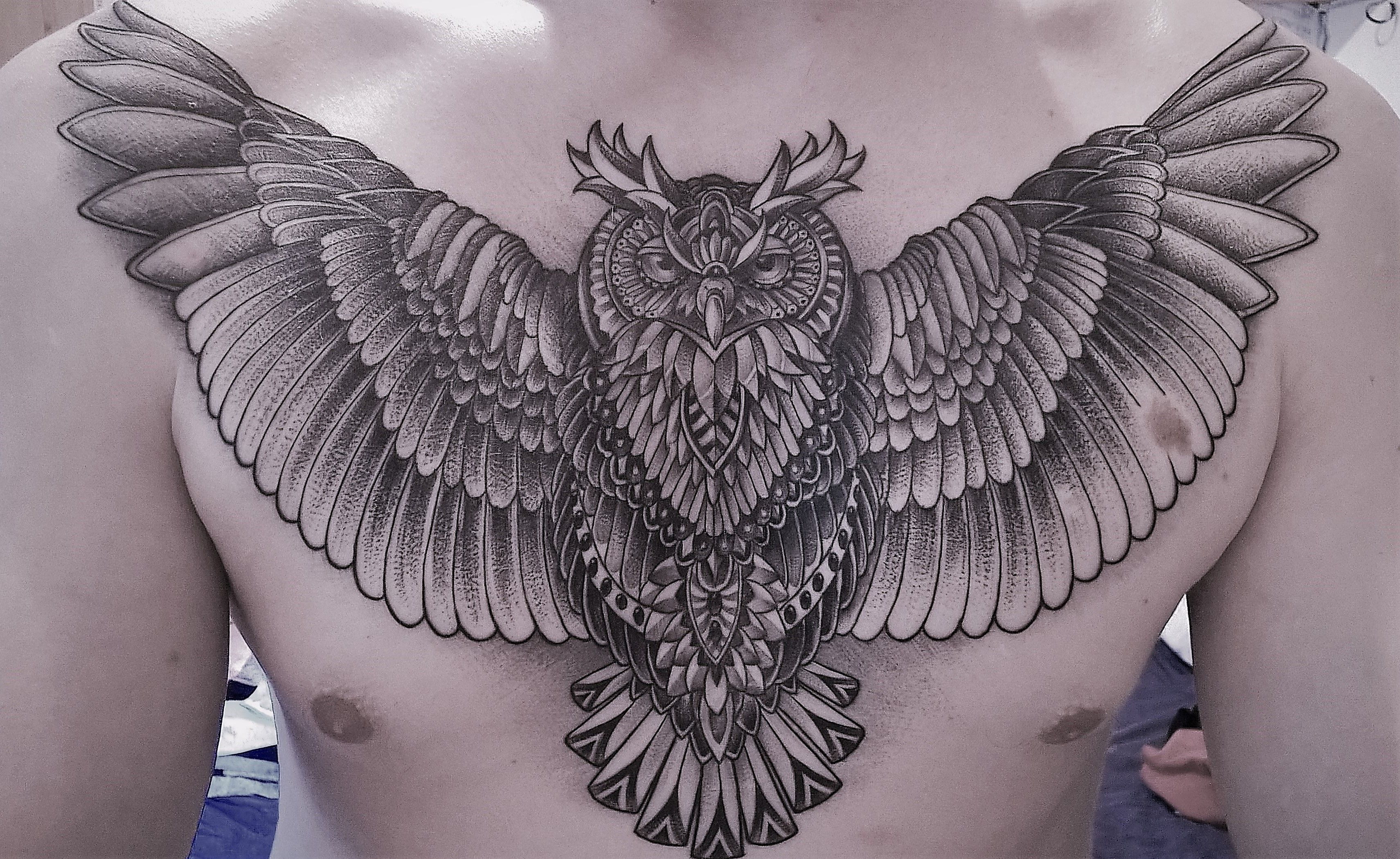 Geometric Owl Chest Tattoo In Dotwork Style Tattoosmenschest pertaining to dimensions 3422 X 2099
