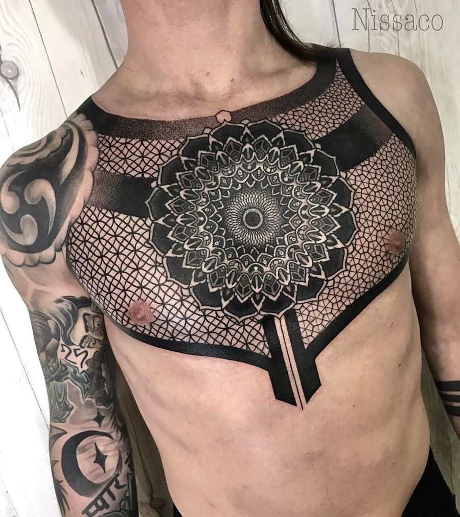 Geometric Pattern Mandala Chest Tattoo Geometric Tattoos regarding dimensions 900 X 1011