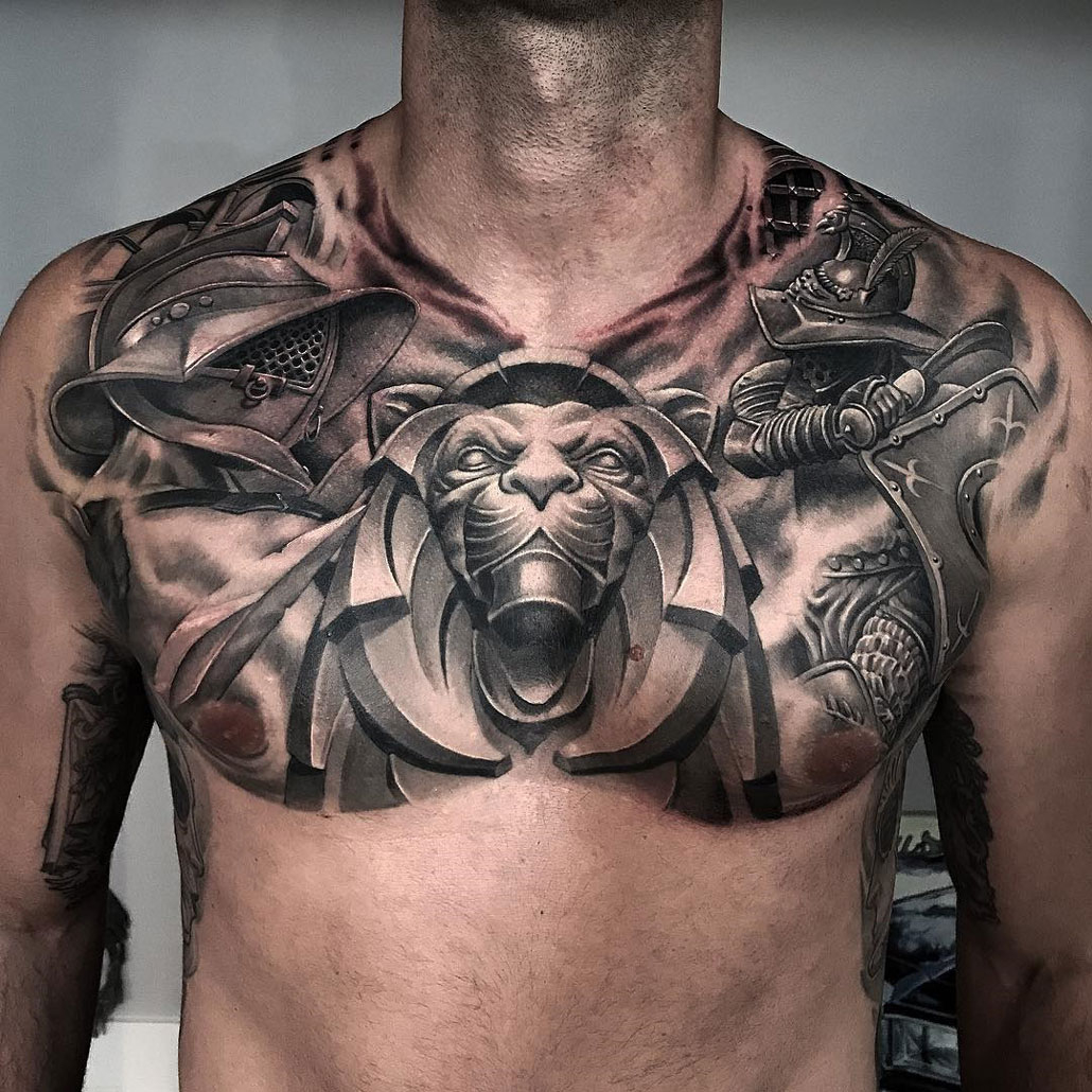 Gladiator Themed Chest Piece Best Tattoo Design Ideas in sizing 1030 X 1030