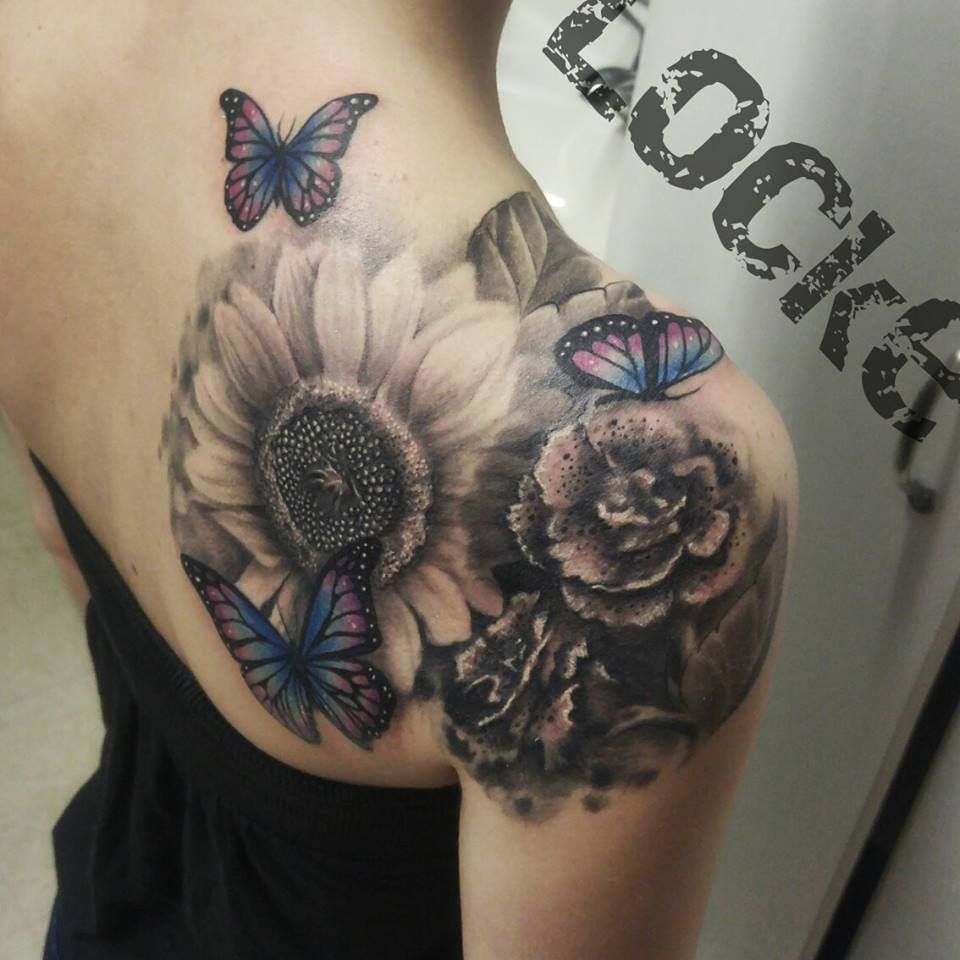Gray Wash Flowers And Butterflies Girlswithink Sunflower Tattoos for dimensions 960 X 960
