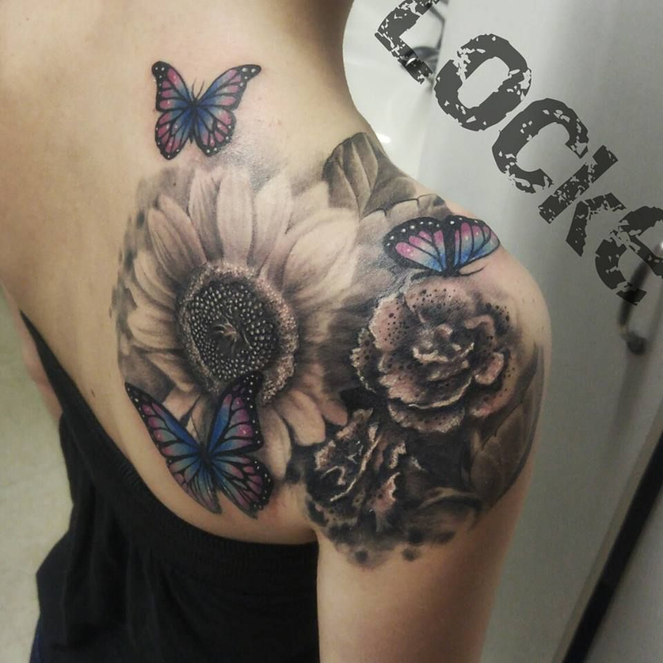 Gray Wash Flowers And Butterflies Girlswithink Sunflower Tattoos in proportions 960 X 960