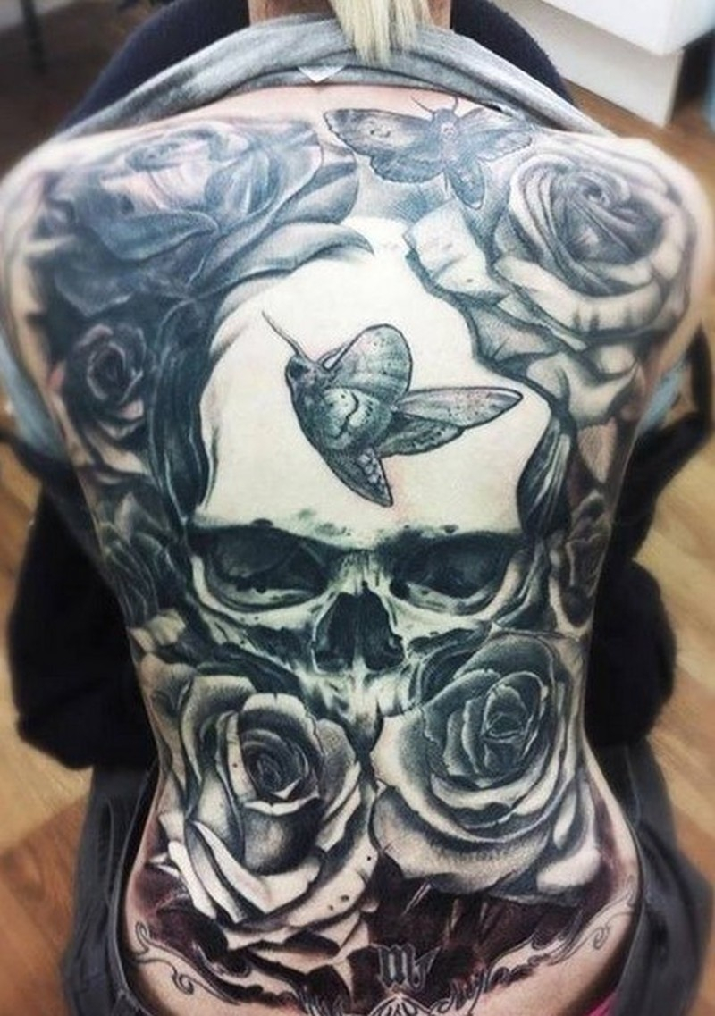 Great Skull With Butterflies And Roses Tattoo On Whole Back in dimensions 800 X 1137