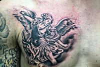 Grey Ink Archangel Tattoo On Man Right Chest within measurements 768 X 1024