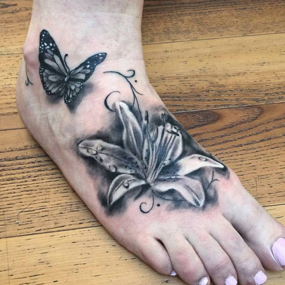 Grey Ink Flower And Butterfly Tattoo On Right Foot Kat inside size 960 X 960