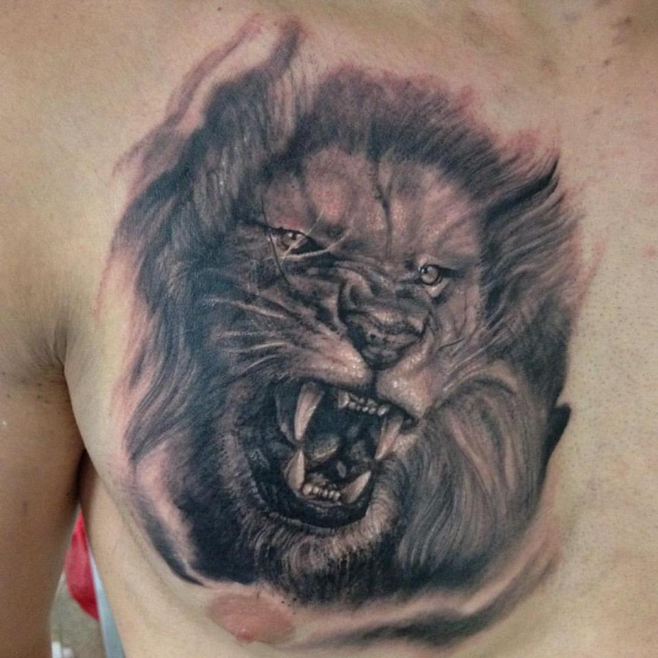 Grey Ink Roaring Lion Head Tattoo On Chest Grey Wagner intended for dimensions 960 X 960
