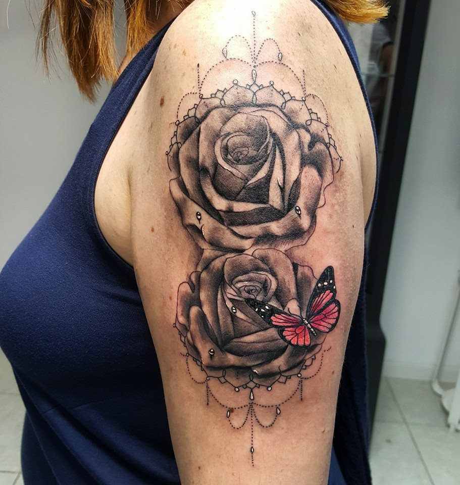 Grey Rose Flowers And Color Butterfly Tattoo On Left Half Sleeve regarding measurements 911 X 960