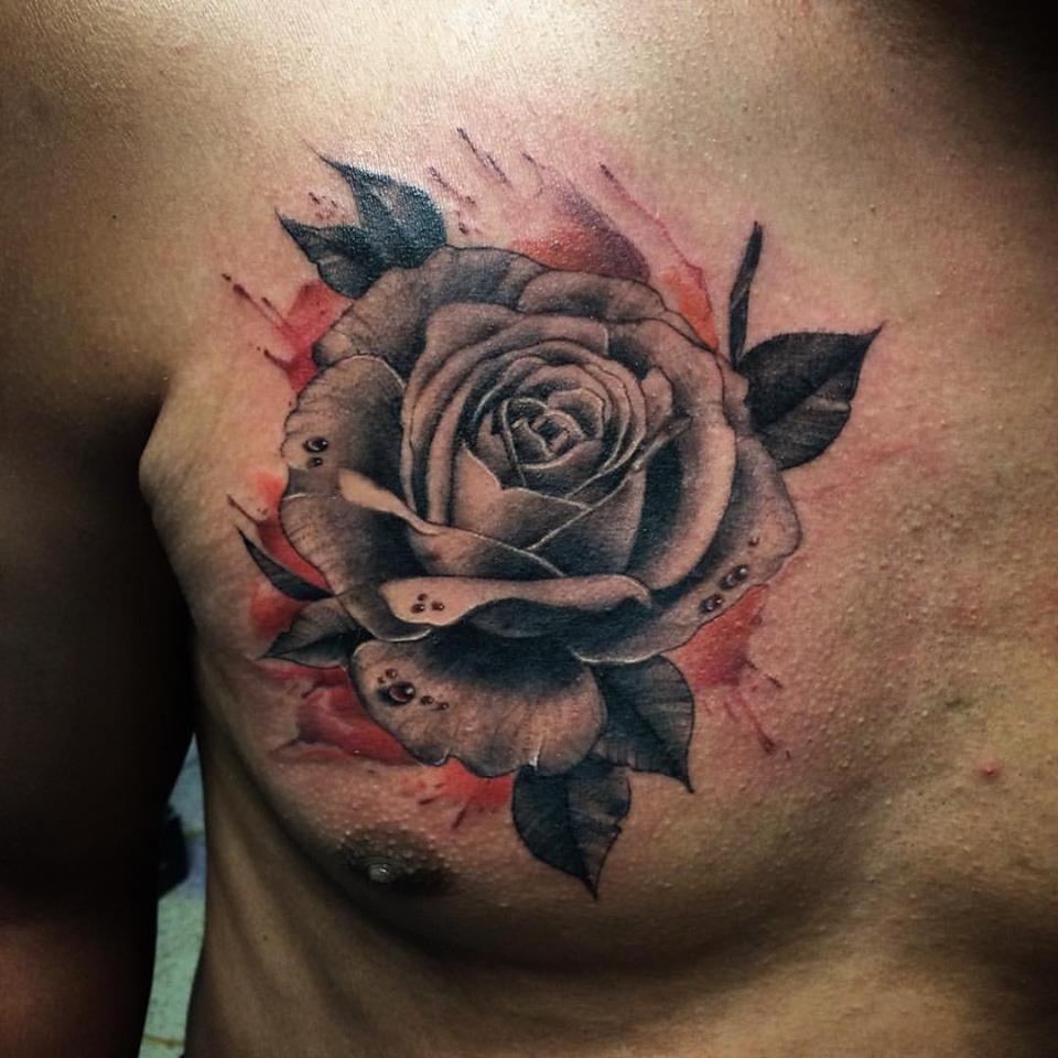 Grey Rose Tattoo On Man Chest Andres Acevedo with regard to measurements 960 X 960