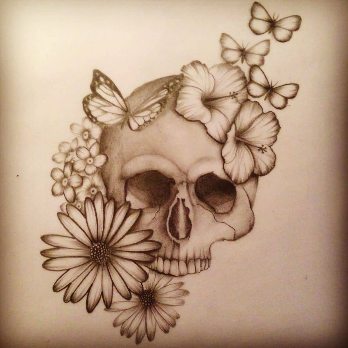 Grey Shaded Flower Skull With Butterflies Tattoo Design with regard to sizing 1200 X 1200
