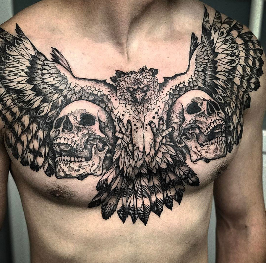 Harpy Eagle Skulls Mens Chest Piece Best Tattoo Design Ideas with dimensions 900 X 890