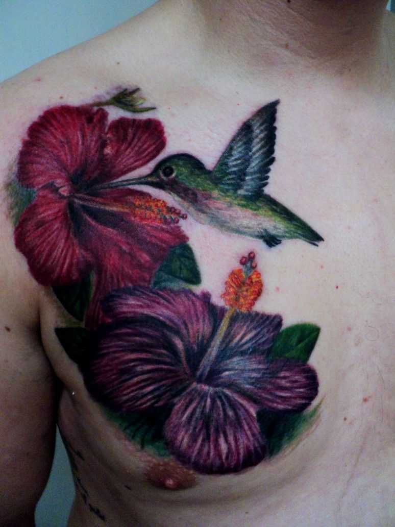 Hummingbird And Hibiscus Tattoo On Chest Tattoos Hibiscus Tattoo for dimensions 774 X 1032