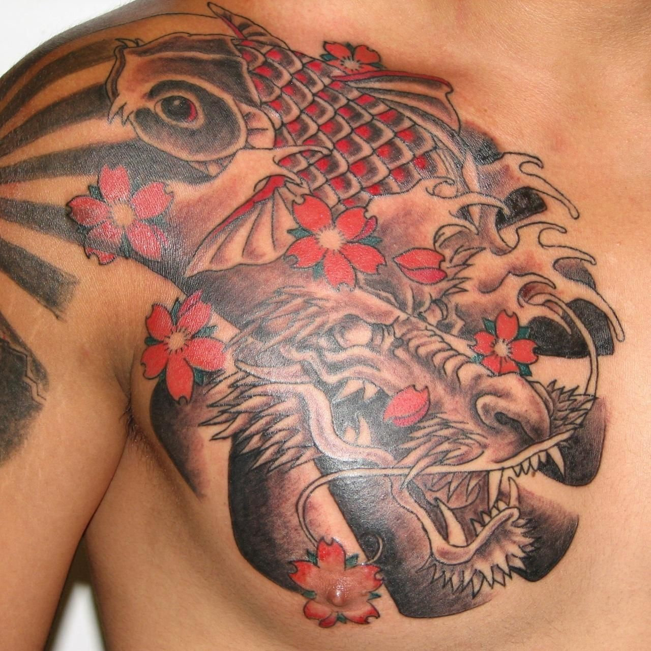 Japanese Dragon Koi And Flower Tattoos On Chest Tattoo Koi Fish inside measurements 1280 X 1280