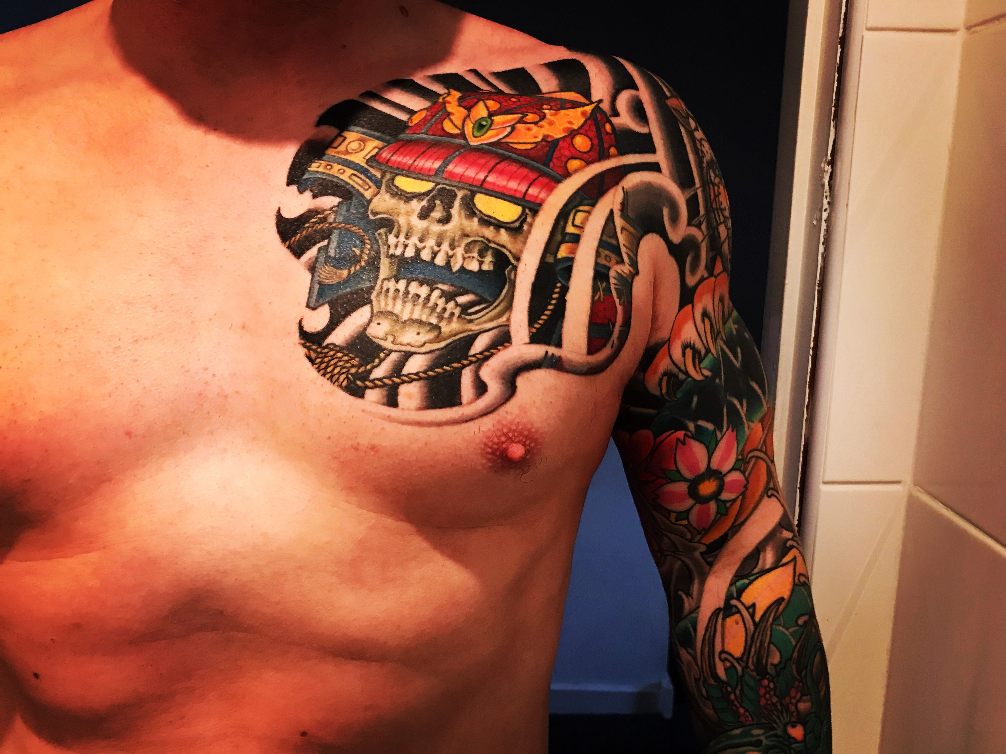Japanese Samurai Skull Chest Tattoo Part Of A Color Japanese Sleeve in measurements 4032 X 3021