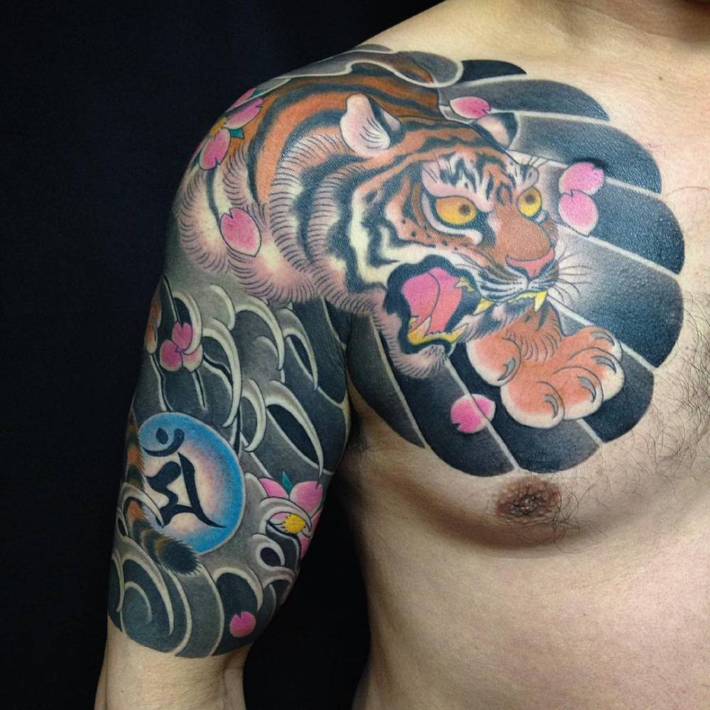 Japanese Style Tiger Tattoo On The Chest intended for size 1000 X 1000