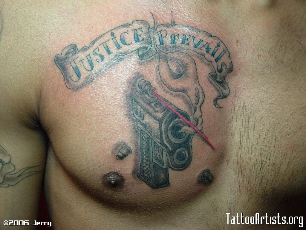 Justice Prevails Gun Tattoo On Chest For Men Tattoobite Gun regarding measurements 1024 X 768