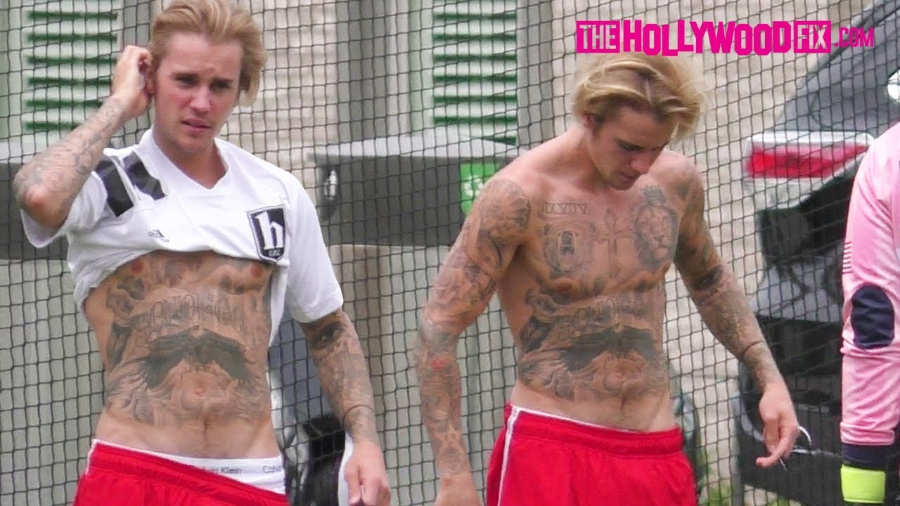 Justin Bieber Strips Down To His Bare Chest Tattoos At His Soccer in size 1280 X 720