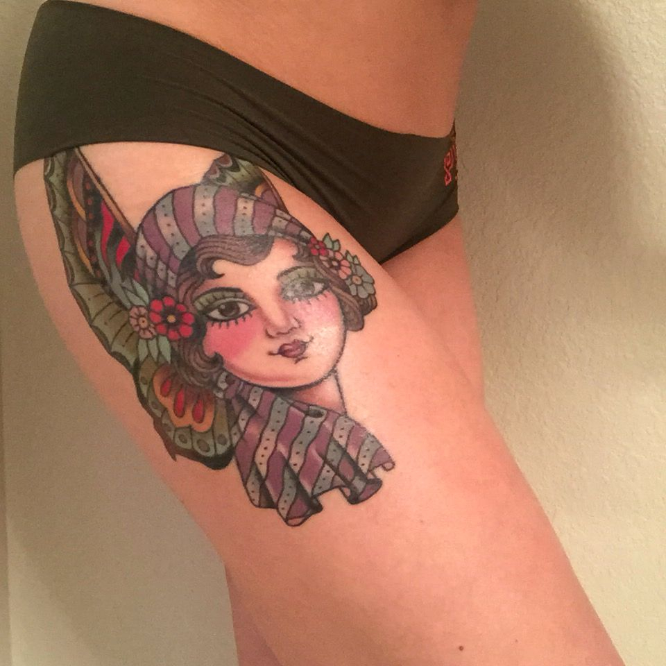 Lady Head And Butterfly Thigh Tattoo Completed Traditional Lady with size 960 X 960