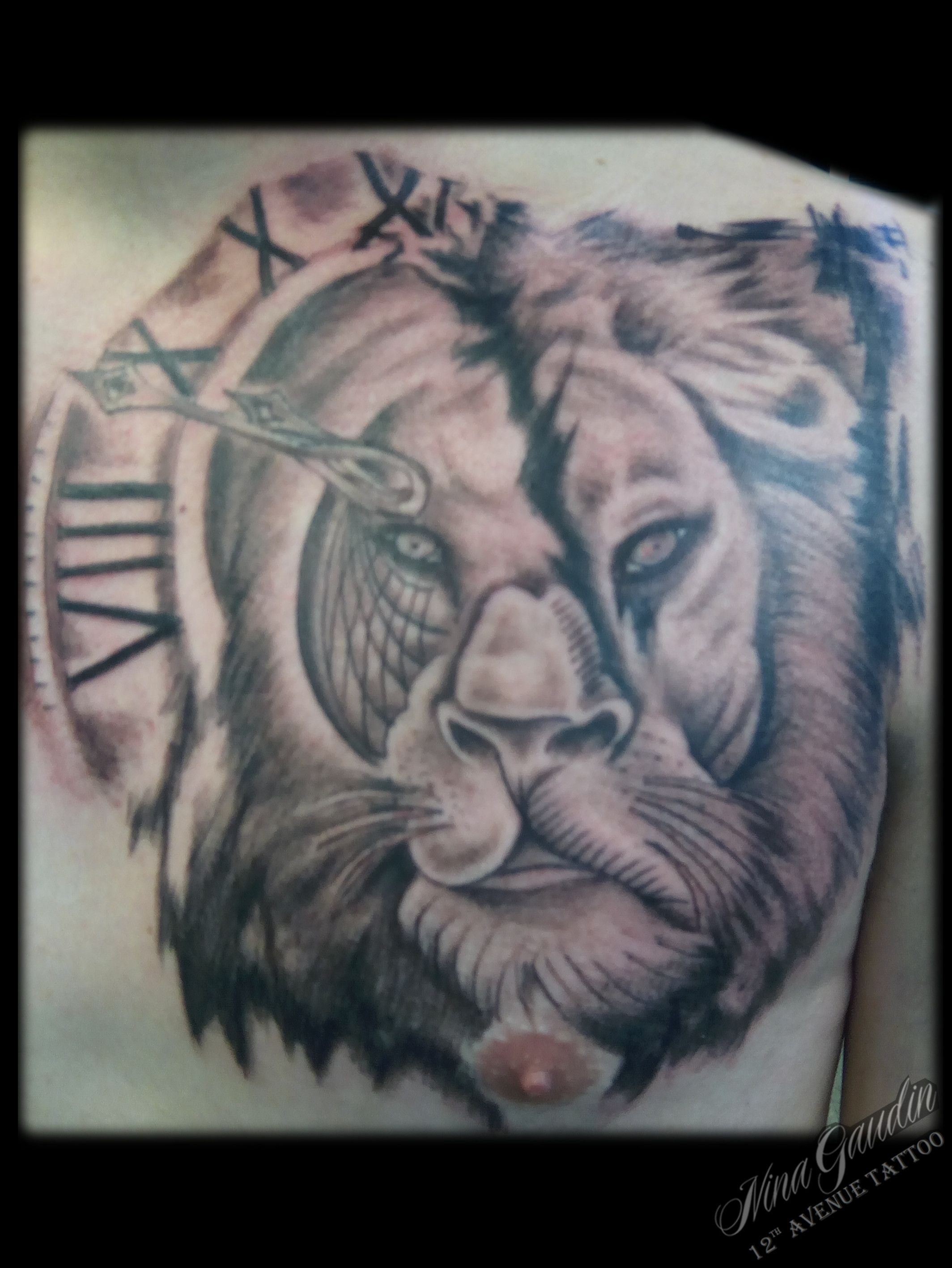 Lion Clock Black Grey Chest Tattoo Nina Gaudin Of 12th Avenue intended for proportions 2128 X 2832