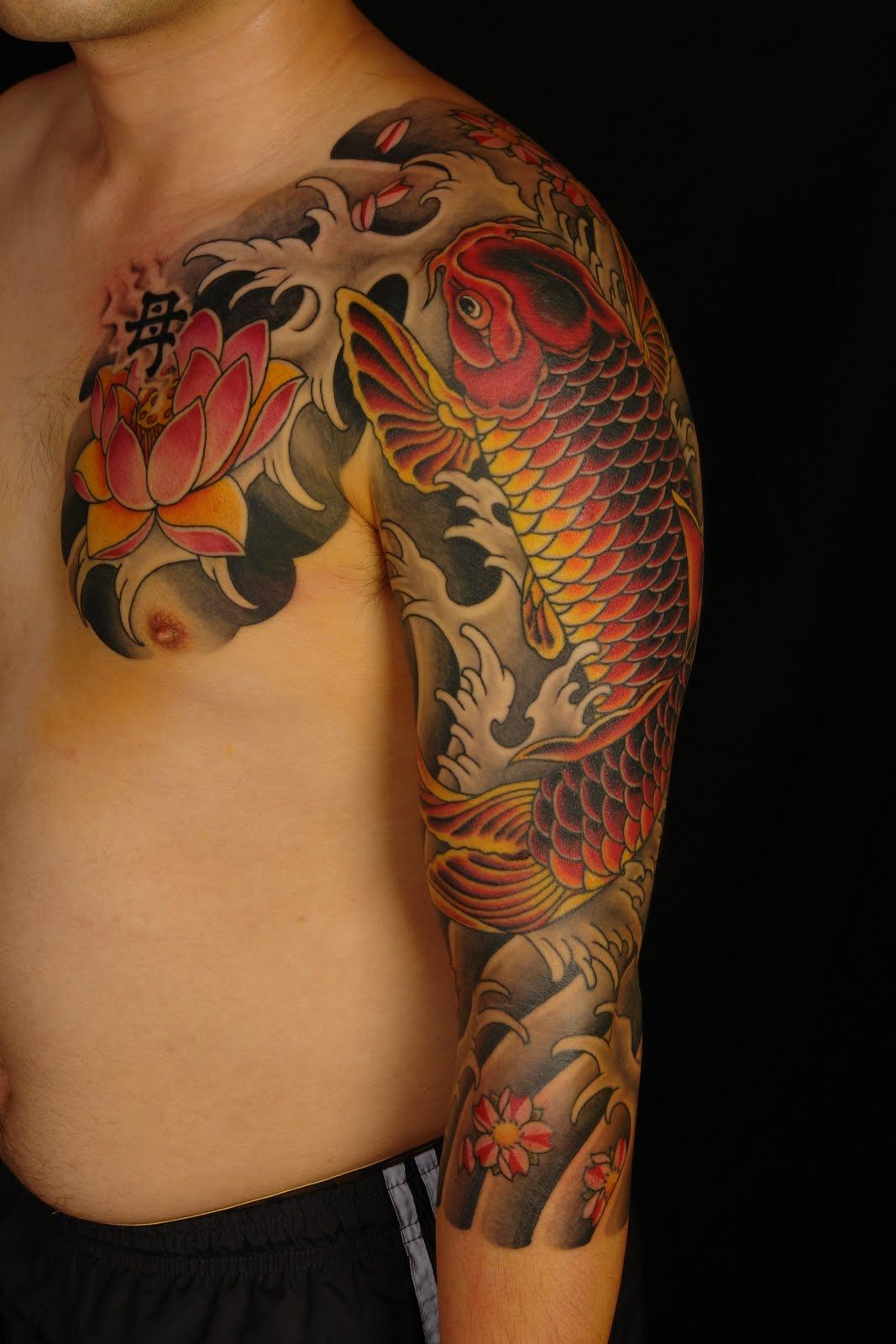 Lotus Flower And Koi Japanese Tattoo On Chest And Sleeve For Men inside size 1067 X 1600