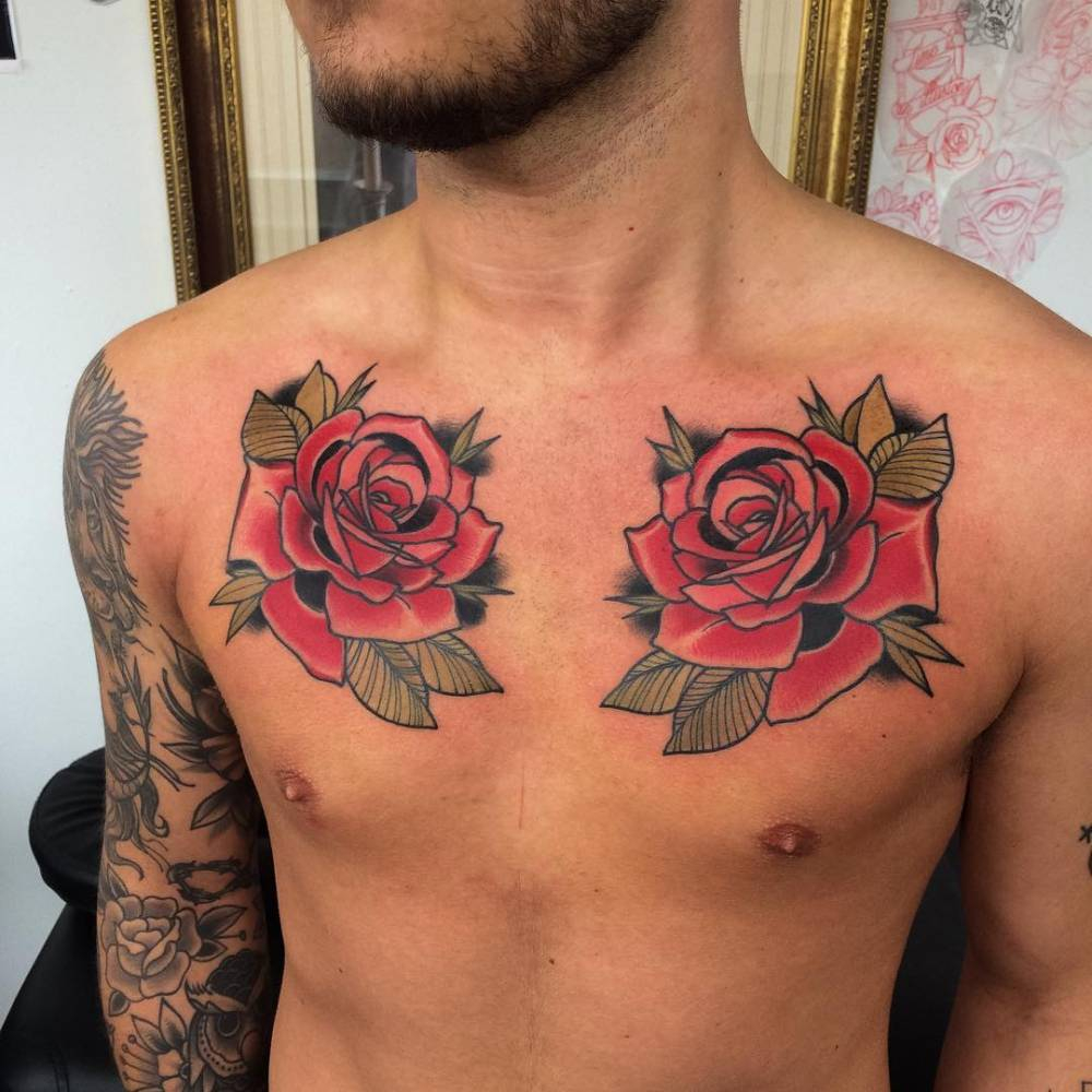 Matching Red Rose Tattoos On The Chest in size 1000 X 1000